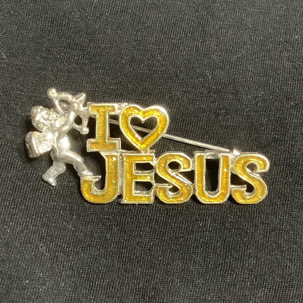 Yellow sparkling and Silver tone 'I Love Jesus' Brooch